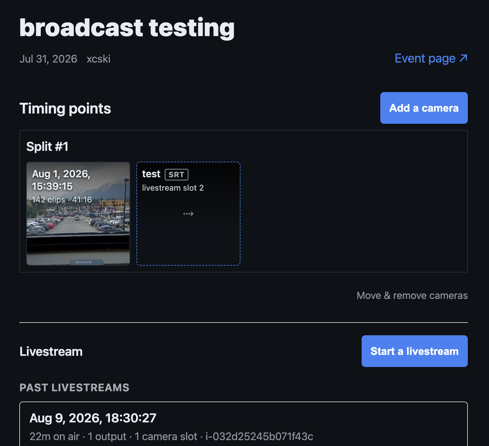 Zone4 Video app showing cameras organized by timing point and the Start a livestream action